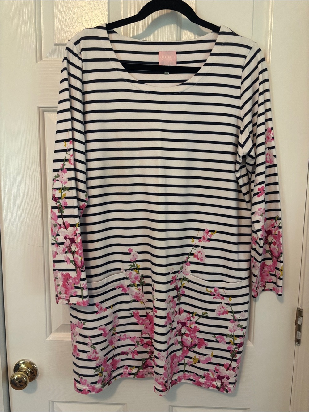 Joules Navy & White Striped Tunic with Pink Floral Print